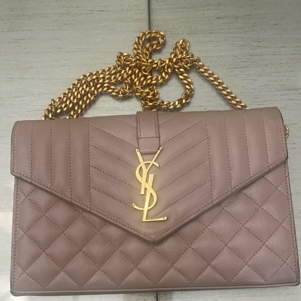 Yves Saint Laurent Taupe Quilted Clutch with Gold Chain